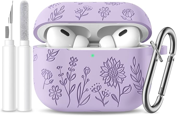 Flower Engraved Case for AirPods Pro 2 Gen with Clean Kit & Keychain, Cute Soft Silicone Protective AirPods Pro Case Cover for Apple AirPods Pro 2nd/1st Generation, Front LED Visible, Lavender