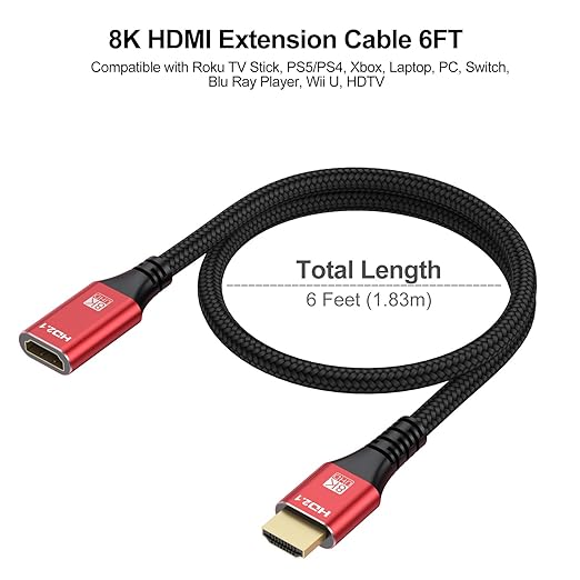 8K HDMI Extension Cable 6FT HDMI Extender 2.1, HDMI Male to Female Adapter Extension Cord 8K@60Hz, 4K@120Hz, 2K, 3D, HDR Compatible with Roku TV Stick, HDTV, PS5/PS4, Laptop, Monitor, Projector, PC