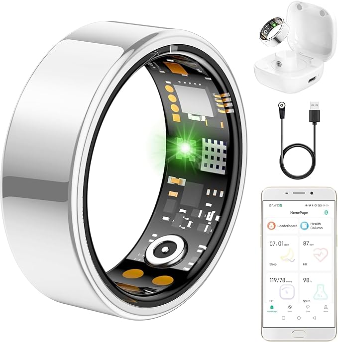 Ring Health Tracker for Women Men, Fit Ring with Heart Rate, Blood Oxygen, Sleep Monitor, Calories, Step Counter, IP68 Waterproof Smart Ring for iPhone & Android, No Subscription Fee (Silver, 6#)