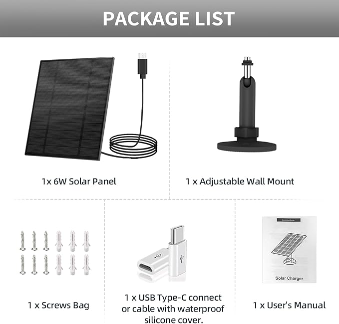 5W Solar Panel for Security Camera, Solar Panel with Micro USB & USB-C Port for DC 5V Outdoor Rechargeable Battery Camera, IP65 Waterproof, 360° Adjustable Security Mount, 9.8ft Cable(Black 1PC)