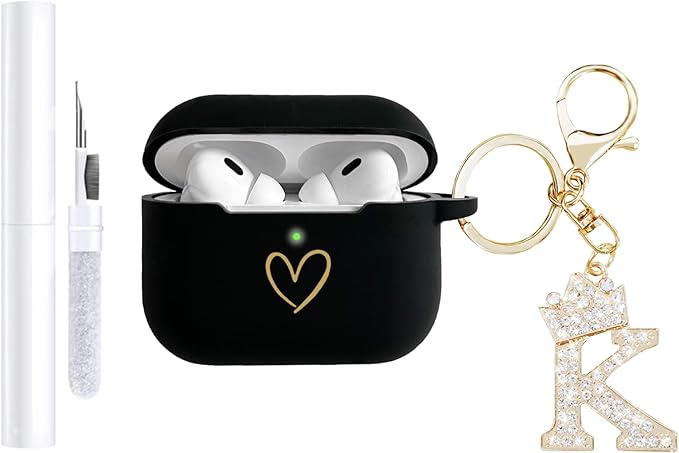 Compatible with AirPods Pro 3 Case Cover (2025), Soft Silicone Case with Gold Heart Pattern for AirPods Pro 3rd Generation Case with Rhinestone Studded Letter A-Z Keychain (K Black)