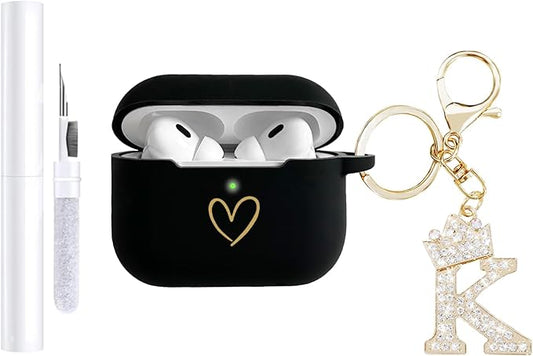 Compatible with AirPods Pro 3 Case Cover (2025), Soft Silicone Case with Gold Heart Pattern for AirPods Pro 3rd Generation Case with Rhinestone Studded Letter A-Z Keychain (K Black)