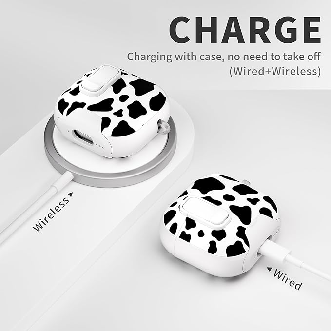 for AirPods 4 Case with Secure Lock Clip in Phone Stand,Floral Girly Style Protective Cover with Cleaning Kit and Hand Strap for Apple AirPod 4 Generation (White Cow)
