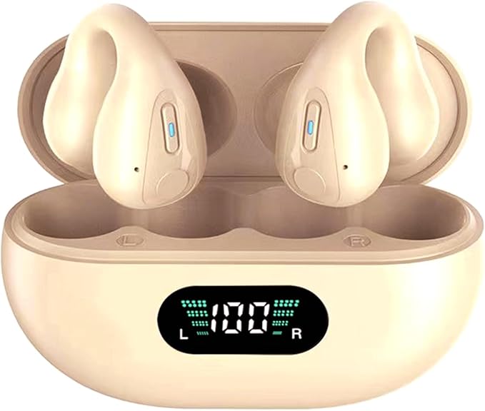 Open-Ear Wireless Headphones Bluetooth Clip On Mini Earbuds Charging Case Ear Buds Sports Bone Conduction Headphones Earphones for TV Phone Laptop Music (Khaki)