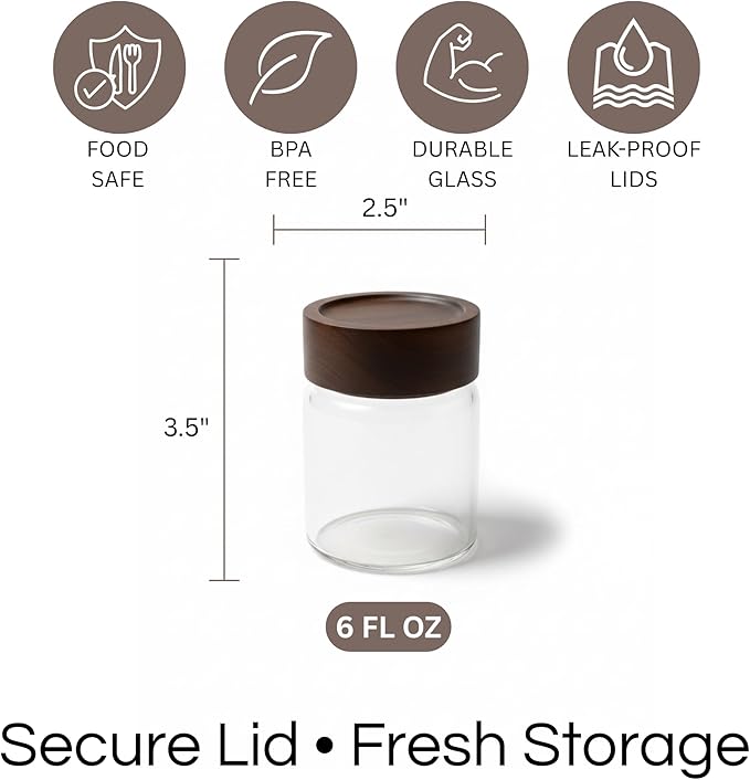 Wide Mouth Glass Storage Jars With 2.5" Acacia Wood Lids - 4 Pack of 6 Oz Food Storage Containers - Borosilicate Glass Canisters Sets For Kitchen - Pantry Organizers and Storage for Rice Coffee Beans