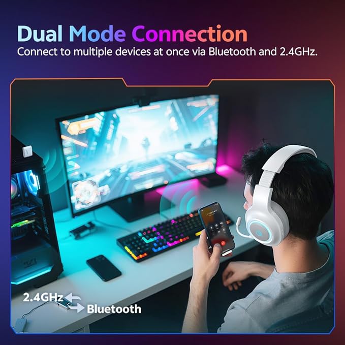QCY Gaming Headset for PC/PS5/PS4/Switch, HEROAD V200 Over Ear Headphones, USB-C, 240Hr Battery, 7.1 Surround Sound, 2.4GHz Wireless Headphones for Multi-Platform, Bluetooth 6.0