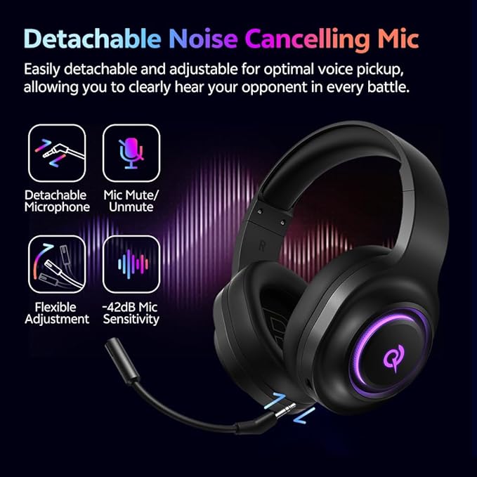QCY Gaming Headset for PC/PS5/PS4/Switch, HEROAD V200 Over Ear Headphones, USB-C, 240Hr Battery, 7.1 Surround Sound, 2.4GHz Wireless Headphones for Multi-Platform, Bluetooth 6.0
