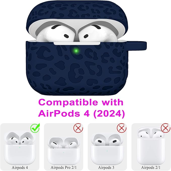 Engraved Leopard Case Compatible with AirPods 4th Generation Cover with Keychain, Skin Soft Cover for Compatible with AirPods 4 Case Full Protection,Front LED Visible, Midnight Blue