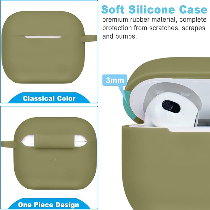 Silicone Compatible with AirPods 3 Case 2021, Gawnock Soft Case Compatible with AirPods 3rd Generation Cover for Women Girls with Keychain - Army Green