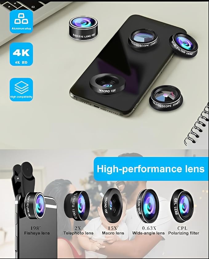 10 in 1 Phone Camera Lens Kit Compatible with iPhone & Samsung and Most of Smartphone - Wide/Macro/Telephoto/Fisheye + CPL/Star Filters, for iPhone & Android, HD Pouch Universal Phone Lens Clip
