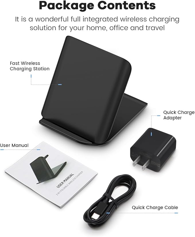 Samsung Galaxy Z Flip 7 Wireless Charger 15W Foldable Stand - Official Qi Fast Charging Station Travel Dock for z Flip 7/6/5/4/3 & Motorola Razr+ | PD 20W Adapter Included | Black