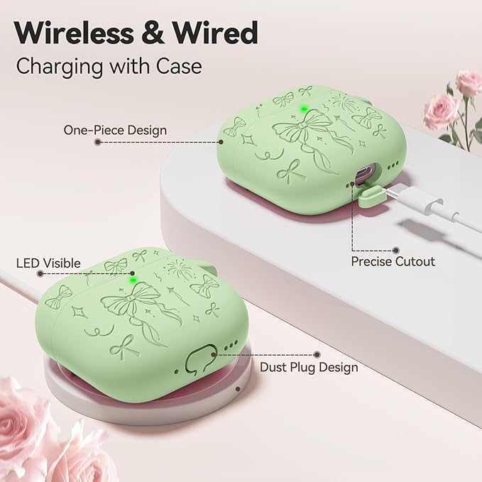 for Airpods 4 Case Cover, Joremx Cute Bow Engraved Silicone Protective Case Cover with Keychain, Cleaner Kit for AirPods 4th Generation Case 2024 (Cream Green)