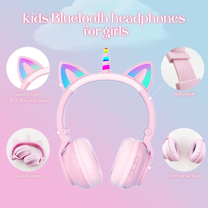 Unicorn Kids Headphones for Girls, Unicorn Bluetooth Headphones Foldable for Girls Toddlers Tablet/pad/Amazon fire,Light Up Kids Wireless Headphone Birthday Gifts (Purple Pink)