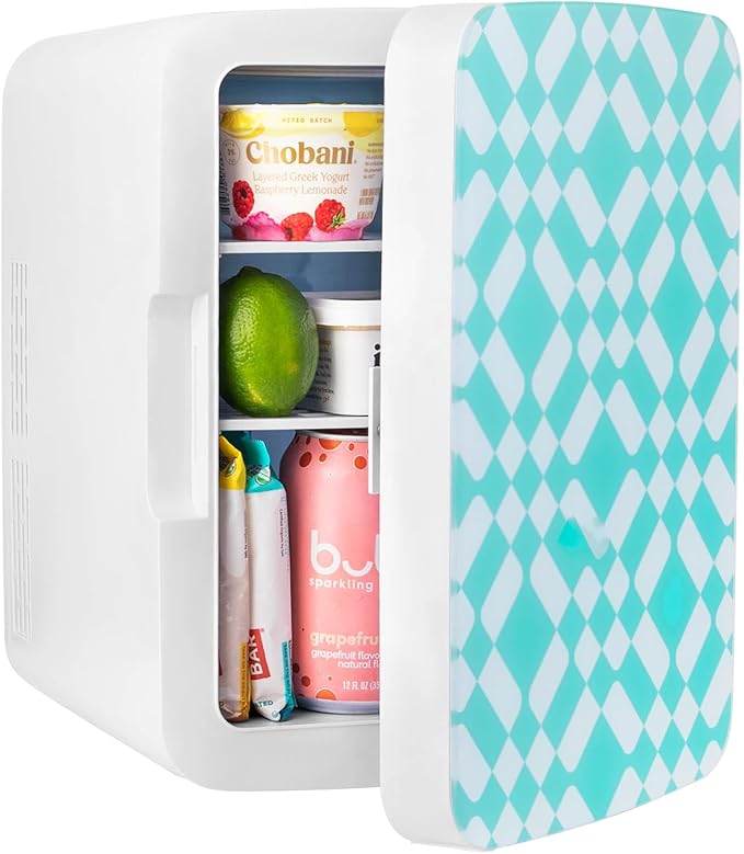 Cooluli 10L Mini Fridge for Bedroom - Car, Office Desk & Dorm Room - 12v Portable Cooler & Warmer for Food, Drinks, Skincare, Beauty & Makeup - AC/DC Small Refrigerator with Glass Front, Green Pattern