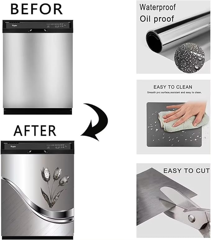 Generic Stainless Steel Effect Kitchen Decoration Dishwasher Cover Magnetic,Metal Flower Pattern Refrigerator Decor Magnet Sticker, Dishwasher Panel Decal, 23"" x 26"" Magnetic, Rimyy111-2