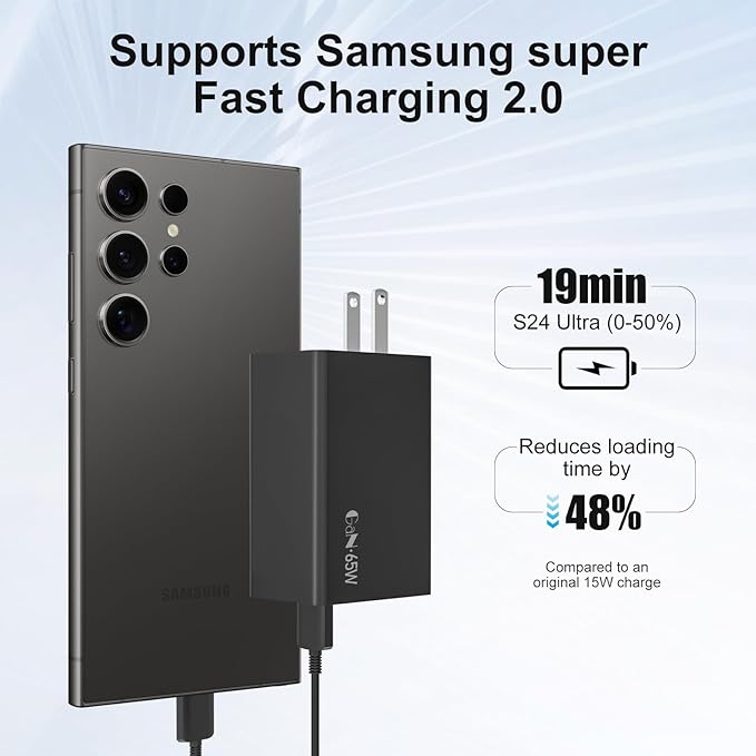 Samsung 65W 3-Port Super Fast Charging Wall Charger, GaN Adapter for Samsung Galaxy S26 Ultra/S26/S26+/S25 Ultra/S25/S25+/S24 Ultra/S24/S24+/S23 Ultra/S23/S23+/S22/S22 Ultra/S22+/Z Fold 3/ laptops