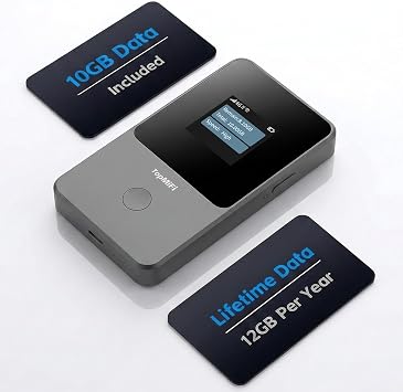 Topmifi Global Portable WiFi Hotspot for Travel, No SIM No Contract, 4G LTE Router 140+ Countries,Connect Up to 10 Devices,10GB USA Data Included, 12GB/Year Free Data