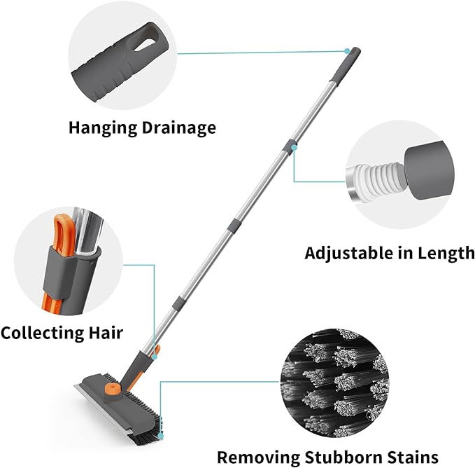 Floor Scrub Brush with Long Handle, 3 in 1 Scrape and Heavy-Duty Stiff Bristle Scrubber Brush for Cleaning Shower Bathroom, Patio, Garage, Kitchen, Wall and Deck (Gray, 1 Pack)