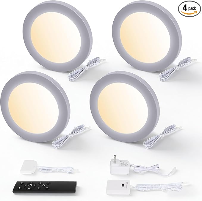 Smart Puck Lights 4 Pack, Plug-in Under Cabinet Lighting for Kitchen, Closet & Shelf, App, Voice & Hand Control, Works with Alexa & Google Home, Dimmable & Adjustable Warm to Cool White Light