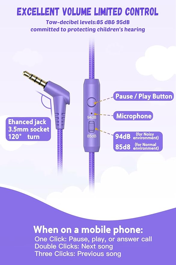 New bee Kids Headphones for School with Microphone KH20 HD Stereo Safe Volume Limited 85dB/94dB Foldable Lightweight On-Ear Headphone for PC/Mac/Android/Kindle/Tablet/Pad (Purple)