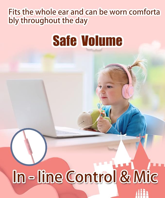 U20 Pink Kids Headphones, Wired Children Headphones with 94dB Safe Volume Control, Foldable Design, Comfortable for Online Learning/School/Travel/Tablet