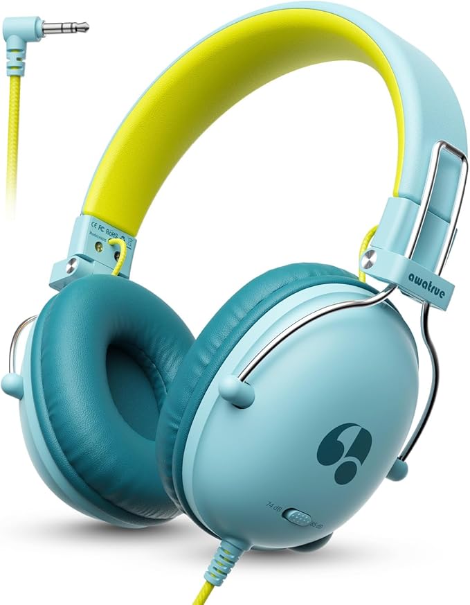 Kids Headphones, 74/85dB Safe Volume Limit, Stereo Sound, Wired On-Ear Headphones for Kids Boys Girls, 3.5mm Jack for Tablet, iPad, Kindle, YOTO Player, Airplane Travel, Green