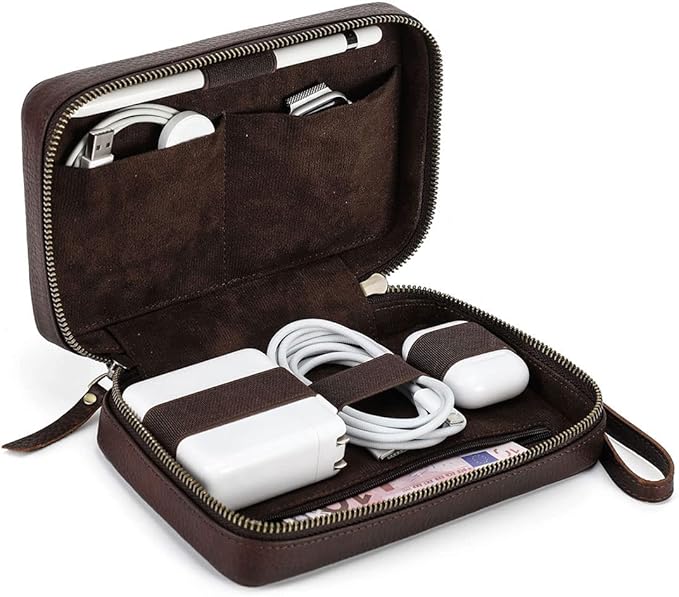 CONTACTS Electronic Organizer Travel Tech Case Leather Electronics Accessories Storage Box Vintage Portable Holder for Phone Charger Cables