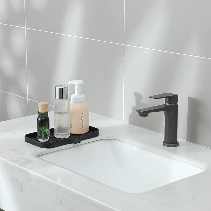 Silicone Bathroom Soap Dishes with Drain Spout-Bathroom and Kitchen Sink Organizer,Sponge Holder,Dish Soap Tray,Perfect for Dispenser,Scrubber,Bottle,Cup on Sink or Counter-Black 9.6"×5.3"