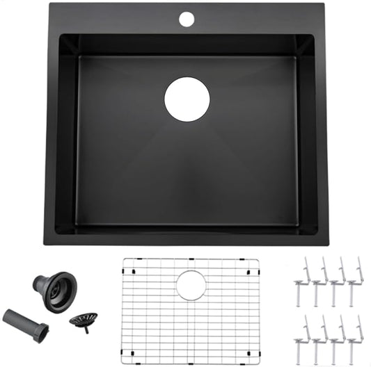 18x18 inch Drop in Bar Sink Black, Topmount Stainless Steel Small Kitchen Sink for Laundry Wet Bar Prep RV Office Outdoor Yard with Dish Grid and Basket Strainer