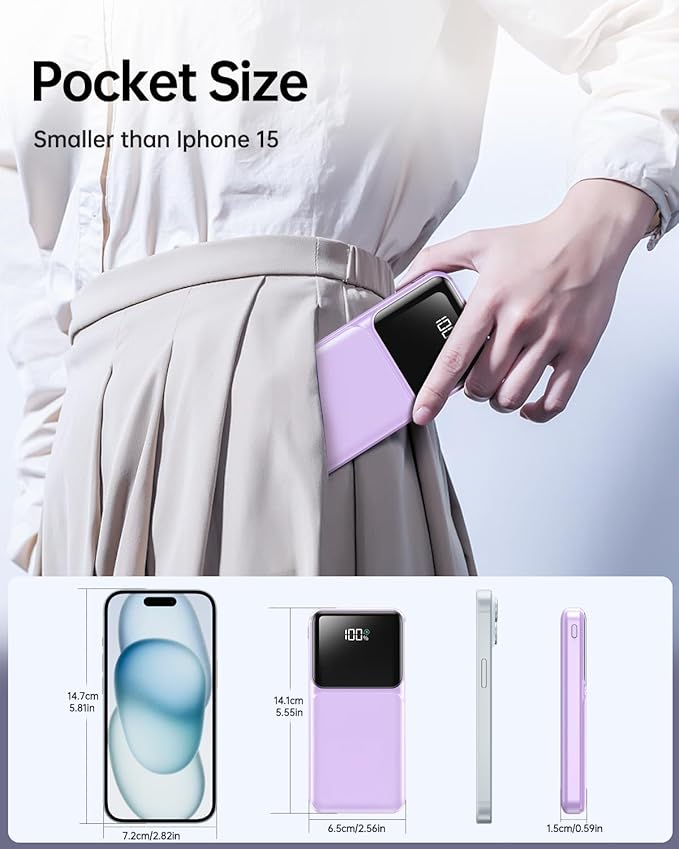 Portable Charger with Built in Cable - Power Bank Fast Charging USB C LED Display 10000mah Battery Pack 5 Outputs & 3 Inputs for Travel Essentials iPhone Samsung Android Phones Tablets Purple