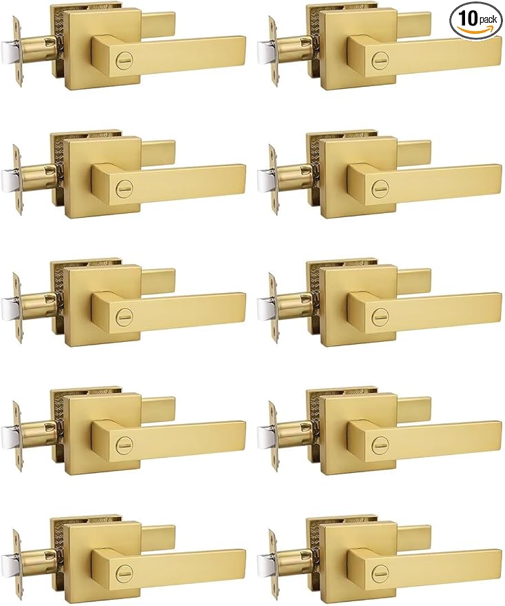10 Pack Heavy Duty Gold Square Privacy Interior Door Levers, Satin Brass Finish, Bedroom and Bathroom Door Handles Keyless Bed/Bath Lockset