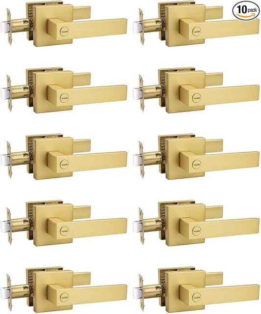 10 Pack Heavy Duty Gold Square Privacy Interior Door Levers, Satin Brass Finish, Bedroom and Bathroom Door Handles Keyless Bed/Bath Lockset