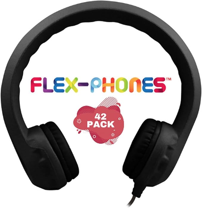 HamiltonBuhl Flex‑Phones Kids Foam Headphones 42‑Pack – Durable EVA Foam, Volume‑Limited 85 dB, Chew‑Resistant Dura‑Cord, Safe BPA‑Free Design for Classroom Use – Black