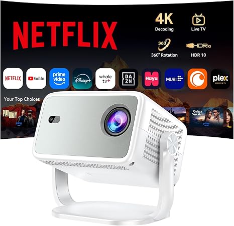 Outdoor Projector with Netflix Built-in, 4K Support Smart Projector 3500 Brightness with WiFi and Bluetooth, Auto Focus & Keystone, 360°Rotatable Stand Portable Movie Projectors for Home Theater