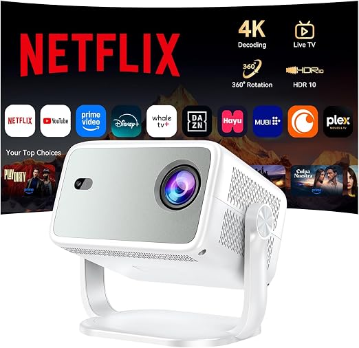 Outdoor Projector with Netflix Built-in, 4K Support Smart Projector 3500 Brightness with WiFi and Bluetooth, Auto Focus & Keystone, 360°Rotatable Stand Portable Movie Projectors for Home Theater