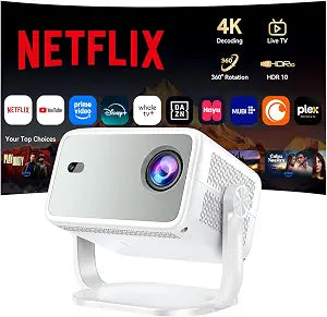 Outdoor Projector with Netflix Built-in, 4K Support Smart Projector 3500 Brightness with WiFi and Bluetooth, Auto Focus & Keystone, 360°Rotatable Stand Portable Movie Projectors for Home Theater