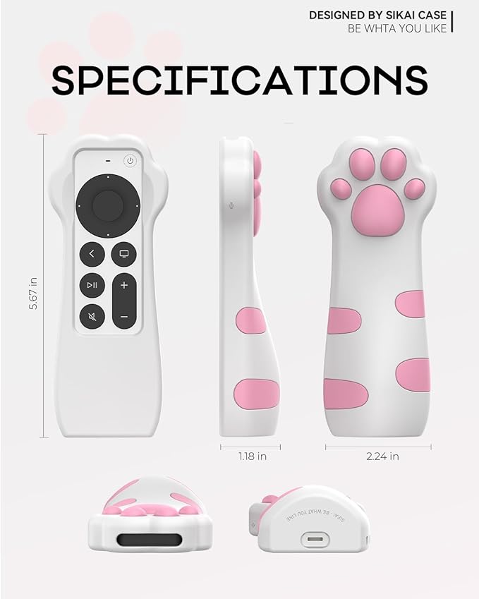 SIKAI CASE Silicone Case Fit Designed for Apple TV 4K 2021/2022 Siri Remote Protective Case with Shockproof Compatible with AirTag (Pink Paw)