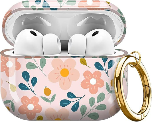 AirPod Pro 3 (2025) Case Cover for Women, Cute Shockproof TPU Protective Case with Gold Round Buckle, Anti-Drop Design Leaves and Flowers