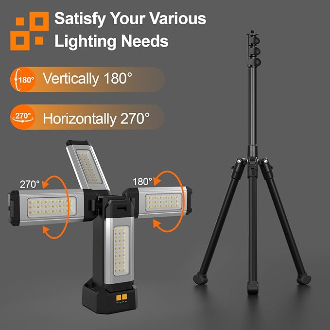 Upgraded Aluminum13200mAh Rechargeable Work Light with 78in Height Folding Stand and Carrying Bag, 8000 Lumen Cordless Camping Light, White/Warm/Nature White(Standard)