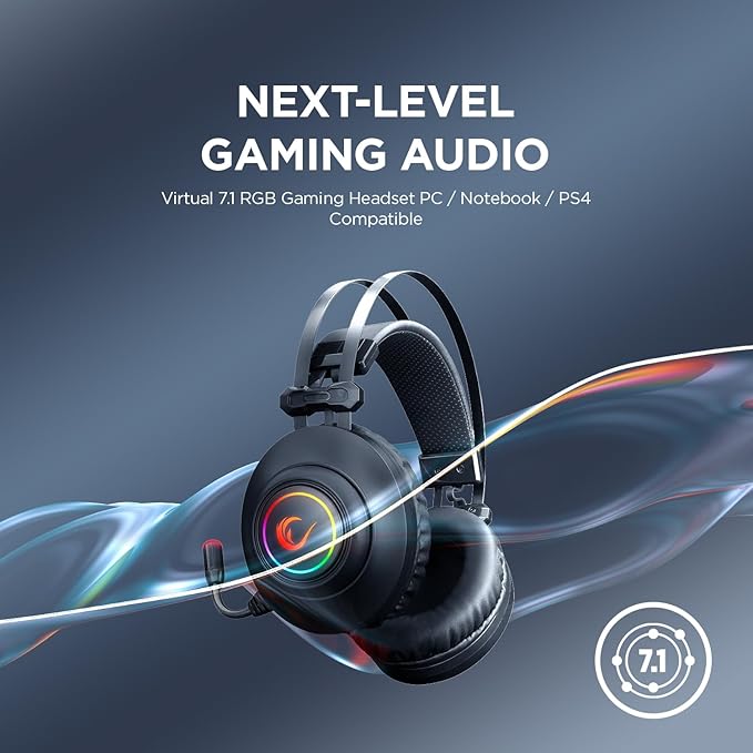 Rampage RM-K1 Pulsar 7.1 Virtual Surround Sound RGB Gaming Headset – 50mm Drivers, Flexible Microphone, Noise Isolation, Comfortable Over-Ear Design – USB Wired (Black)