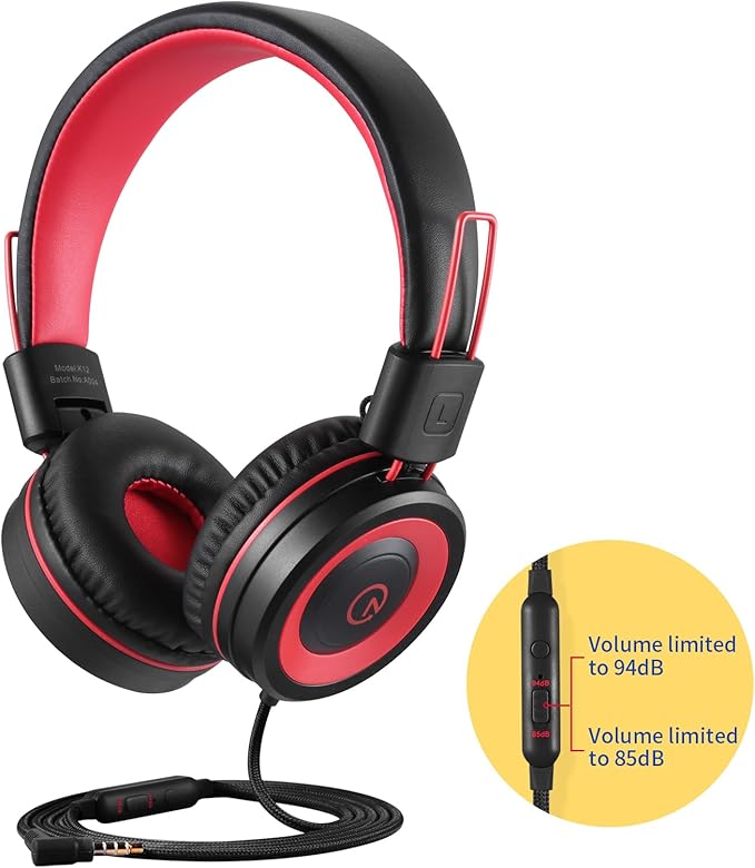 noot products Kids Headphones with Microphone K12 Stereo 5ft Long Cord with 85dB/94dB Volume Limit Wired On-Ear Headset for iPad/Amazon Kindle,Fire/Toddler/Boys/Girls/School (Red Black)
