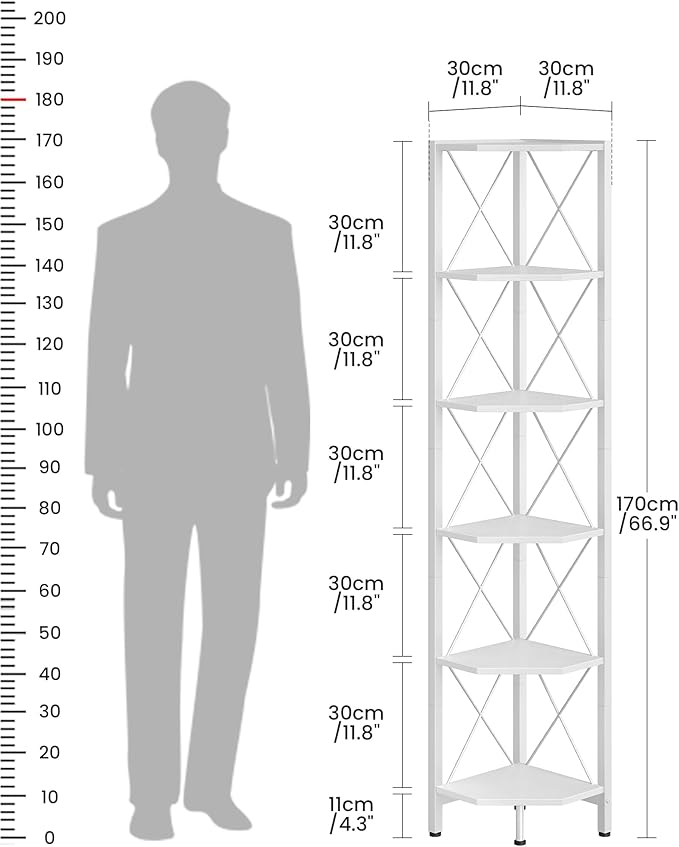 6-Tier Corner Shelf, Corner Bookcase, 66.9" Tall Vertical Display Rack, Plant Stand, Open Storage Shelf, for Living Room, Bedroom, Study, Kitchen, White TCJ13WB