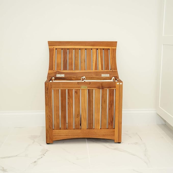 DecoTeak Solid Hamper in Natural Teak, Solid Bench in Natural Teak, 23 inch W x 12.5 inch D x 18.5 inch H