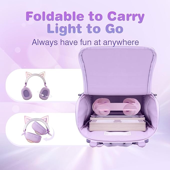 Cat Ear Headset, Kids Headphone Volume Limited 85dB, Wireless Bluetooth Over-Ear Foldable Headphone with Built-in Mic for Girls in Travel School with Phone Pad Tablet Laptop PC PS4, Xbox