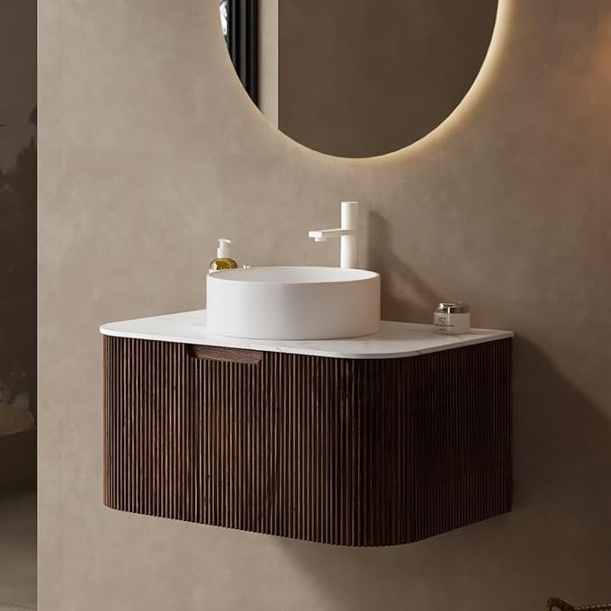KEIKI 30" Bathroom Vanity Cabinet with Sink Combo, Wall Mounted Curved Edges Striped Floating Bathroom Vanity with Soft-Close Drawer, White Round Ceramic Basin Without Faucet, Dark Walnut