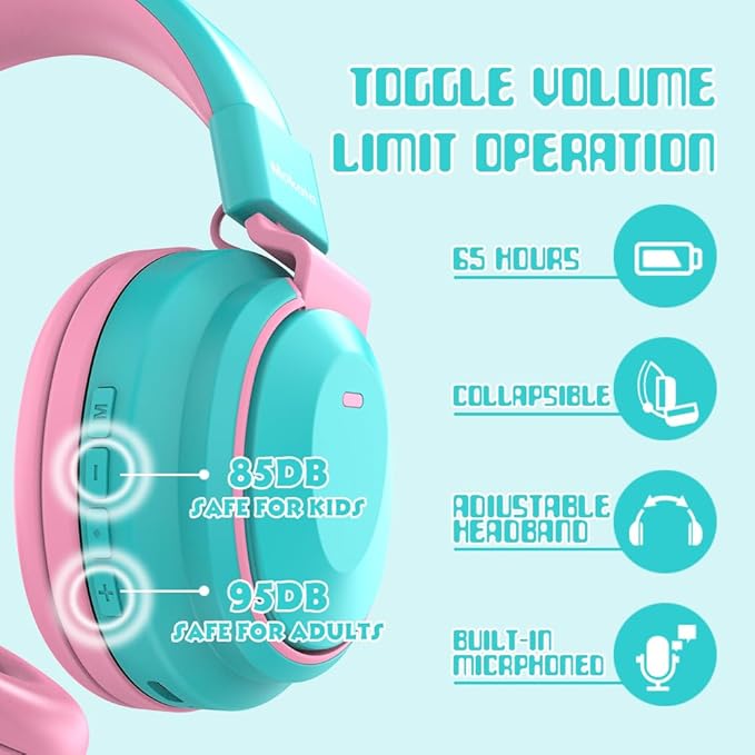 Kids Headphones Bluetooth 5.3 Wireless Lightweight Fast Charging 68 Hours Play Time Volume Limited 85/94dB Over Ear Foldable with Built-in Mic for Toddler Boy Girl Tablet Pad Cyan