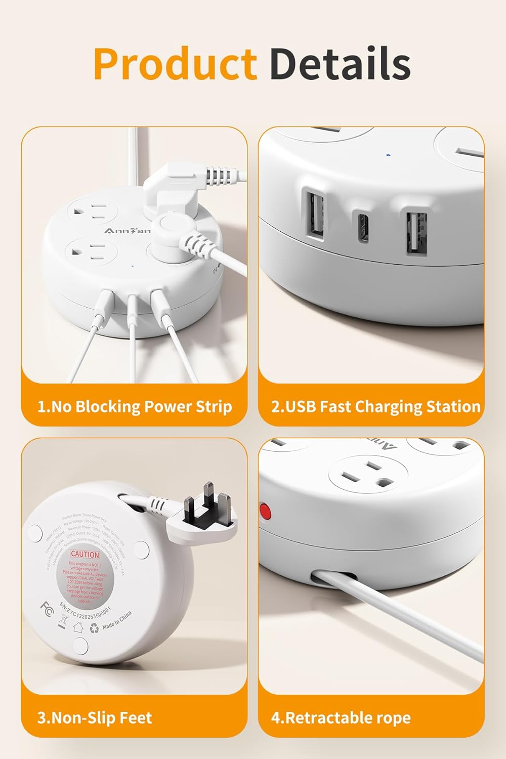 UK Travel Plug Adapter with Retractable Power Strip – 4 AC Outlets & 3 USB Ports (USB-C) | Techloop Living