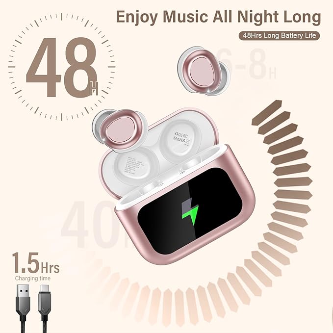 Sleep Earbuds Bluetooth 5.4 in Ear Touch Screen Sleep Headphones, Small Design Mini Sleep Earbuds for Side Sleepers with Sleep Mode, 48H Playtime Sleep Earphones Clear Calls, 5 EQ Modes, Rose Gold