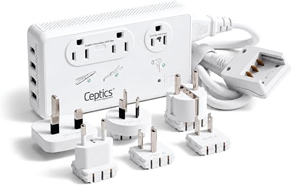 Ceptics 200W+2000W Voltage Converter, 3 USB-A + 1 USB-C, 6 SWadAPt Plugs