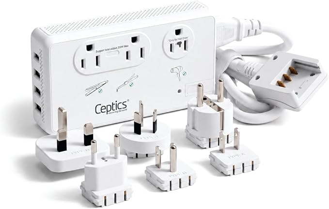 Ceptics 200W+2000W Voltage Converter, 3 USB-A + 1 USB-C, 6 SWadAPt Plugs